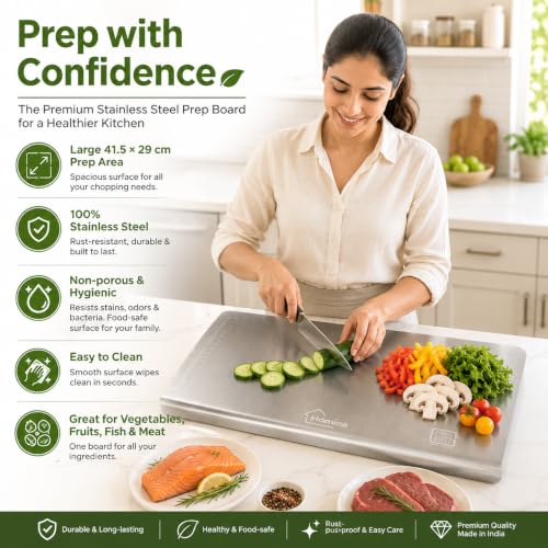 Image of Steel Chopping Board for Kitchen | Heavy-Duty Stainless Steel Kitchen Cutting Board | for Vegetables, Fruits, Meat & Fish | Anti-Skid, Food Safe & Rust Resistant Size 41.5 * 29 CM (Counter Top)