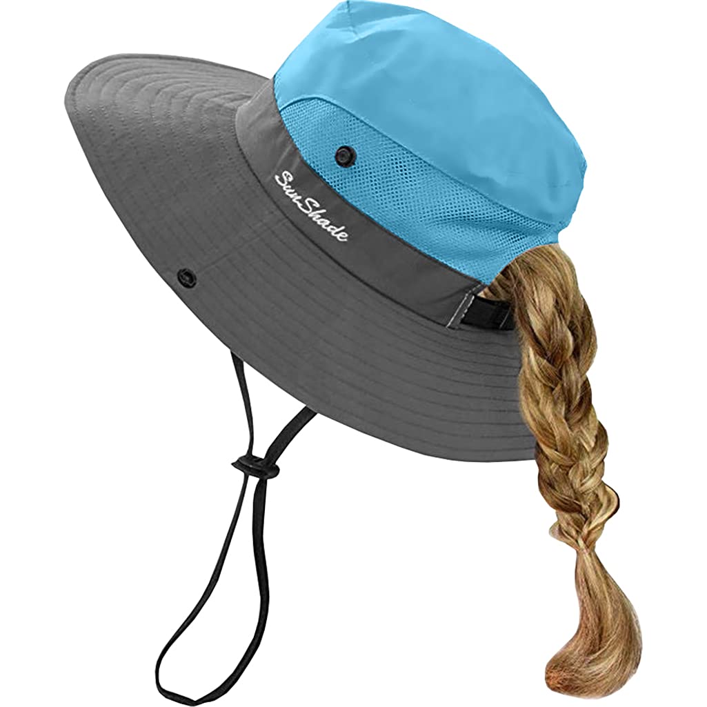 ZEXIAN 5-12Y Kids Girls Ponytail Summer Sun Hat Wide Brim UV Protection Bucket Beach Cap