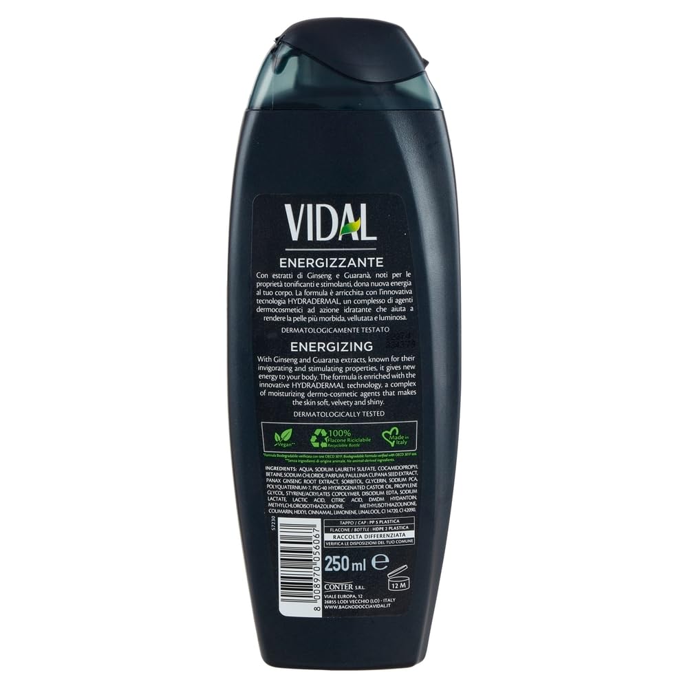 24x Vidal Duschgel Bagnodoccia Energy & Sport/Duschschaum mit Ginseng- und Guarana-Extrakten 250ml + Beni Culinari Kostenloser Schlüsselanhänger