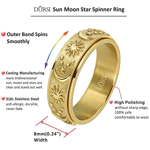 Sun Moon and Star Spinner Fidget Ring for Anxiety for Men Women Stainless Steel Rotating Engagement Wedding Band 8MM2