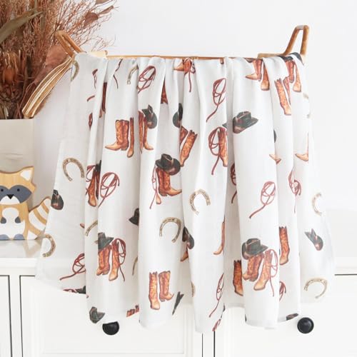 Image of LifeTree Muslin Swaddle Blankets, Western Baby Swaddles for Boys Girls Newborn, Soft Large 47 inch x 47 inch, Cowboy Boot Print Baby Blanket, 70% Viscose from Bamboo and 30% Cotton