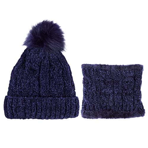 Women's Winter Knitted Hat & Scarf Set Outdoors Ski Cap With Faux Fur Pompom (Navy Blue) #TOP4