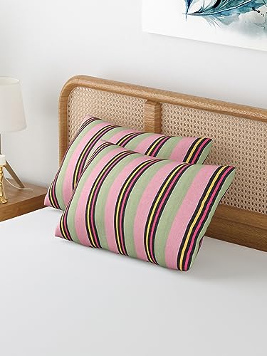 Image of Varde 180 TC Pillow Cover Set of 2 | Pillow Cover Cotton 100% | Pillow Cover Set of 2 King Size | Wrinkle Free & Fade Resistance | Striped Pattern | Standard Size | All Season Use (Pink & Olive)