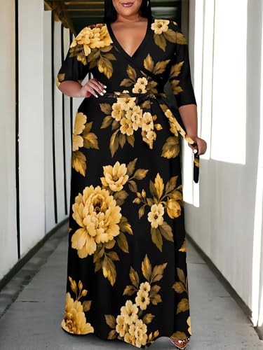 Image of PinkPatty Women's Plus Size Maxi Dress Print 3 /4 Sleeves V Neck Party Sundress Wedding Guest Dresses