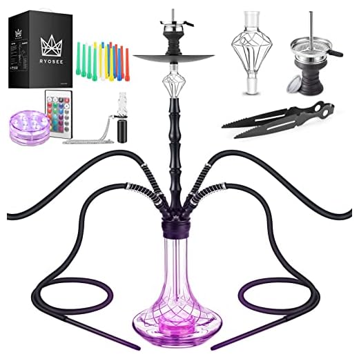 Ryosee® Juego de shisha portátil de 4 tubos de arcilla shisha, Hooka, huka de acero inoxidable con atrapasueños de melaza, equipado con 4 tubos de silicona y mango (negro)