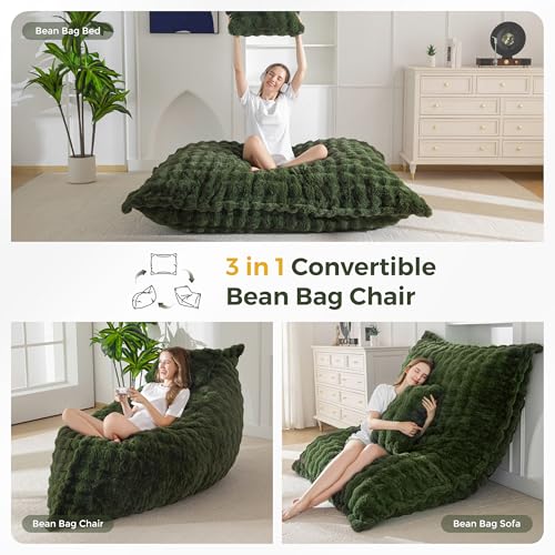 Image of MAXYOYO Giant Bean Bag Chair with Pillow, 3 in 1 Convertible Bean Bag Chair for Adults with Removable Cover, Floor Cushion Stuffed Floor Lounger for Living Room Bedroom, Bubble Green
