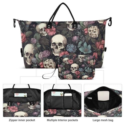 Skull Travel Duffle Bag Gym Bag, Skull Color Flower Weekender Bags for Women with Toiletry Bag Travel Tote Bag Swim Bag2