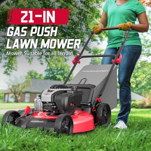 Image of PowerSmart 21-Inch 3-in-1 Gas Push Lawn Mower - 140cc 4-Stroke OHV Engine, 6 Height Adjustments, 1.4 Bushel Grass Catcher