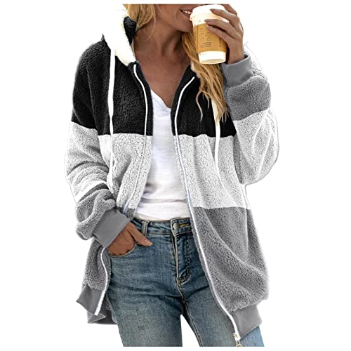 Fuzzy Fleece Jackets for Women Plus Size Hoodies Fall Winter Coats Color Block Patchwork Cardigan Coat with Pockets