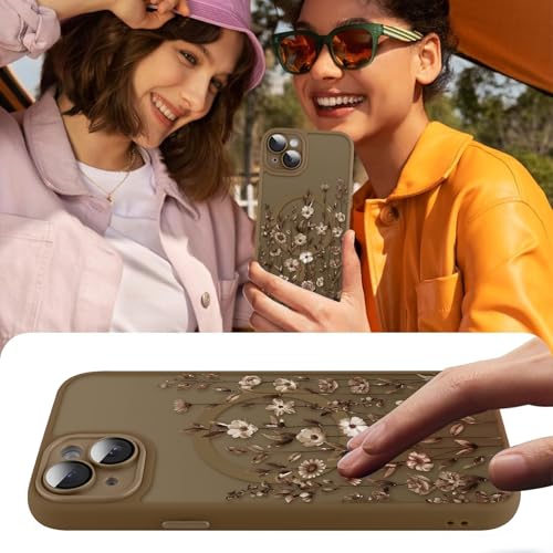 Image of Magnetic for iPhone 13 Case with Screen Protector, Brown Flower | Pretty Floral Pattern Design [Compatible with MagSafe] [Full Camera Protection] Shockproof Slim Cover for Women Girls