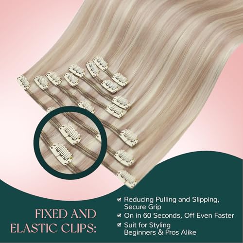 Image of Easyouth Human Hair Clip in Extensions Blonde Highlight, 20 Inch Remy Human Hair Extensions Clip ins, Ash Blonde Highlights Bleach Blonde, Real Hair Clip in Extension, 120g 7pcs, Long Straight Hair