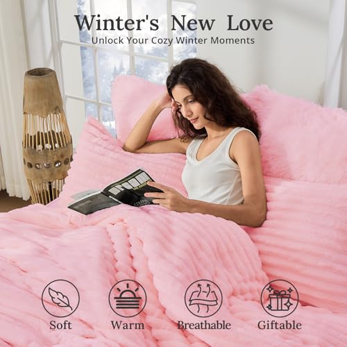 Image of Sasttie King Comforter Set 3 Pieces - Super Soft Fleece Comforters King Size, 1 Luxury Warm Fuzzy Marshmallow Comforter with 2 Pillow Cases, Faux Fur Down Alternative Bedding Set, Pink