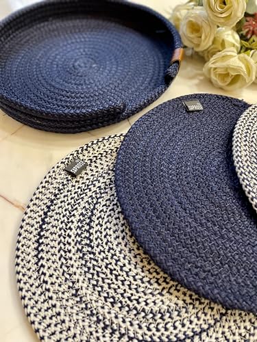 Image of Retro Polypropylene 3 Pc Round Trivet with Basket Holder | Braided Pot MAT, Side Table Mat, Machine Washable Small Place Mat for Casserole for Dining Table (9 inch Dia)