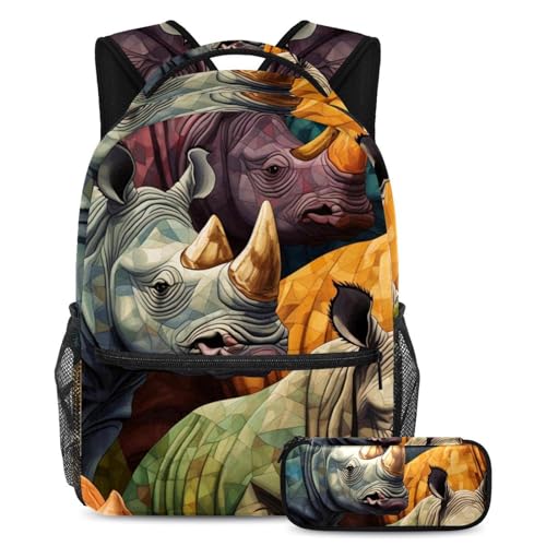 Sac d'école Art Colorful Rhino au design artistique coloré avec trousse assortie
