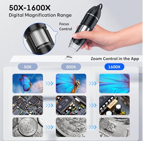 Image of USB Digital Microscope, 50x-1600x Magnification Handheld, 1920P HD 8 LED Lights, Portable Pocket Microscope, Compatible with iOS and Android Devices, +2MP Magnifier Camera, No PC Support (with Stand)