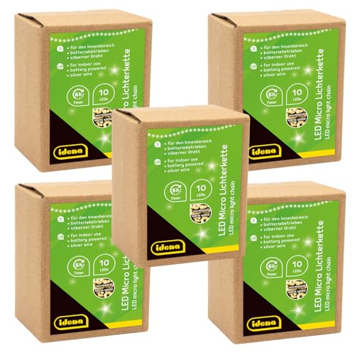 Idena 31114-5 - LED Micro Lichterkette mit 10 LEDs in Warmweiß, 5 Stück, 6 Stunden Timer Funktion, batteriebetrieben, je 1,2 m lang, Deko für Innen, zum Basteln, als Party Deko, Weihnachtsdeko