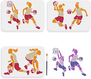 MAYJOYDIY 6 Styles Basketball Player Stencils Set - A4 Size Athlete Action Pose Templates with Paint Brush for Canvas, Wall Art, Sports Theme Furniture Decor