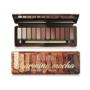 Eveline-Cosmetics-Mokka-Lidschatten-Palette-12-warme-Toene-Matte-schimmernde-neutrale-Toene-Stark-pigmentierte-Farben-Tag-und-Abend-Makeup-Pinsel-enthalten-Schwarz Eveline Cosmetics Charming Mocha Palette mit 12 Lidschatten, Hochpigmentierte Farben