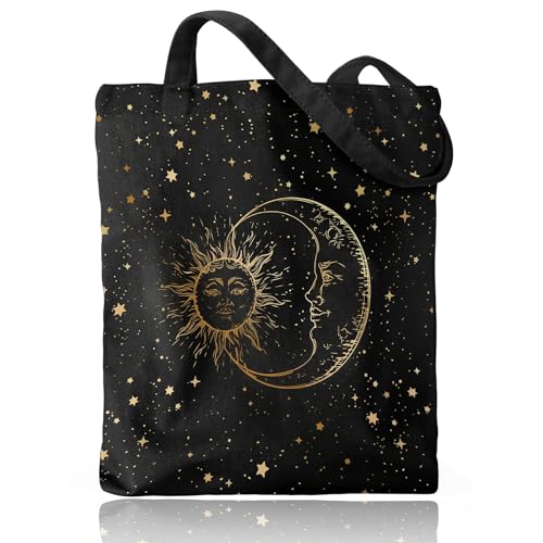 Yoljun Tote Bag Sac en toile pour femme avec fermeture magnétique et poche intérieure en tissu Noir Motif étoile lune Sac cadeau pour le travail Voyage
