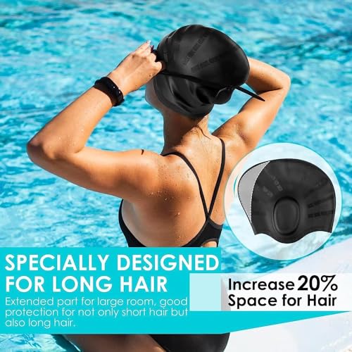 Image of TEKCOOL Designed Long Hair Swim Cap,Waterproof Silicone Swimming Cap for Adult Woman and Men,Keeps Hair Clean with Ear Protector Fresh Long Lasting Silicone Made Waterproof Swimming Cap(Black)'