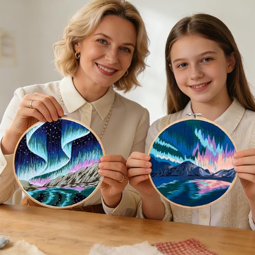 Image of Aurora Borealis Embroidery Starter Kits for Beginners Adults, Stamped Cross Stitch Kit for Adult Beginner, Hand Embroidery Needlepoint Kit, 2 Set Embroidery Supplies, 2 Hoops (Attached Video Tutorial)