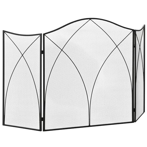 HOMCOM Salvachispas Plegable Pantalla Protectora de Chimenea 3 Paneles con Bisagras y Estructura de Metal Decorativa 108x24x76 cm Negro