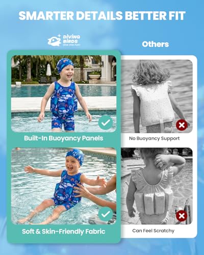 Image of DivingBirds Toddler Floatie Swimsuit with Hat for Boys Girls, Sleeveless Swim Suit with Floatation, 1-6Y