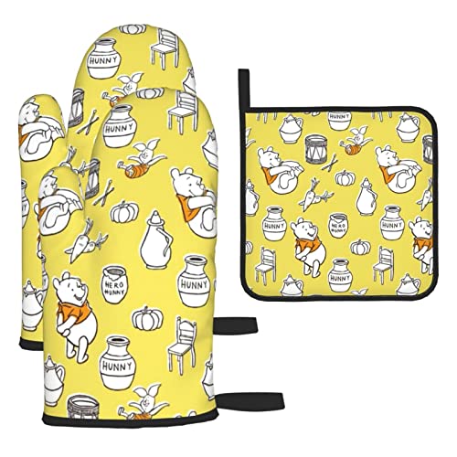 くまのプーさん 耐熱鍋つかみ オーブンミトン なべつかみ耐熱ミトン おしゃれ かわいいンオーブンミトン やけど防止滑り止め キッチンミトン 左手と右手両手で使用可能 耐熱グローブ 男女兼用。2枚セット