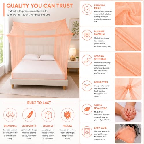 Image of BENAVJI Foldable Machardani Single Bed Pure Cotton Mosquito net (Peach, 3.5FT X 6FT) | Strong, Breathable, Lightweight, Portable & Ideal for Daily Usage | Full Protection for Home & Travel