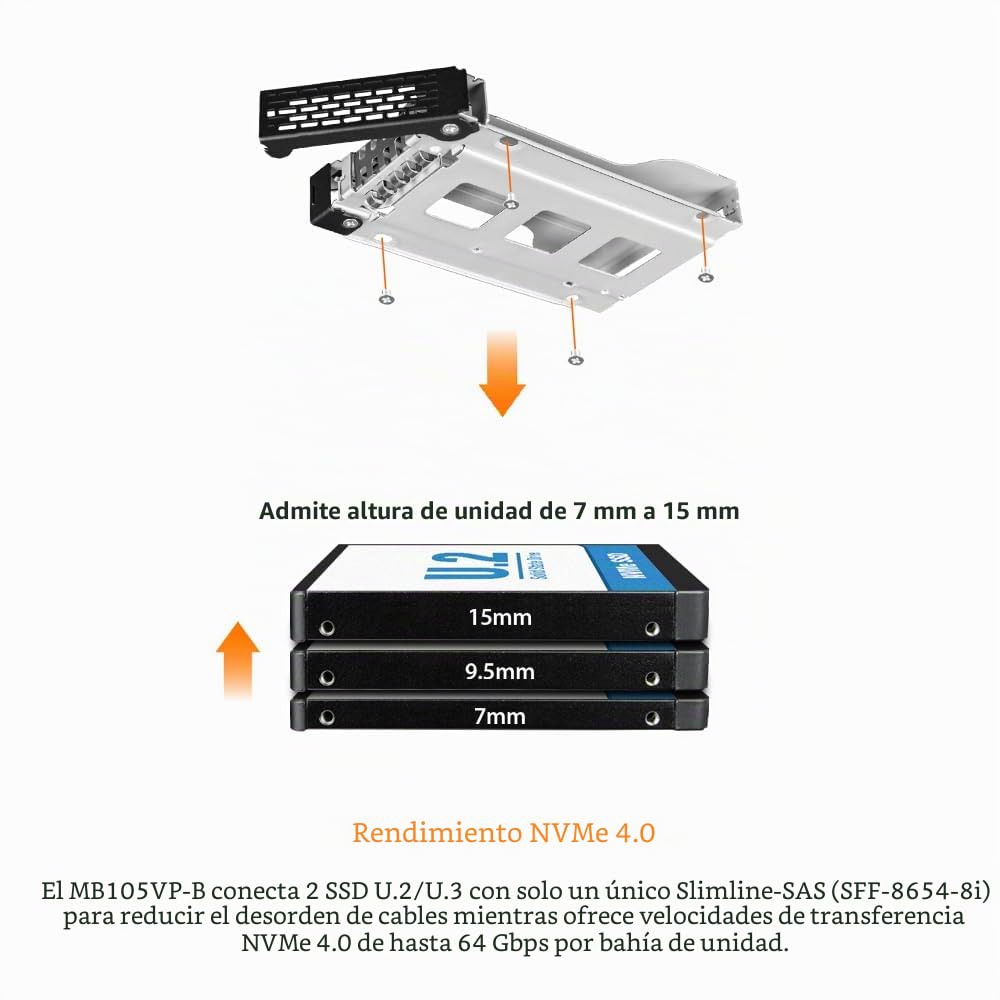 ICY DOCK ToughArmor MB105VP-B, Estante removible metálico 2 x 2,5" SSD NVMe U.2/U.3 SlimSAS (SFF-8654 8i) pinout definido por SFF - 9402 Rev 1.1, PCIe 4.0, para bahía de Unidad de 5,25"