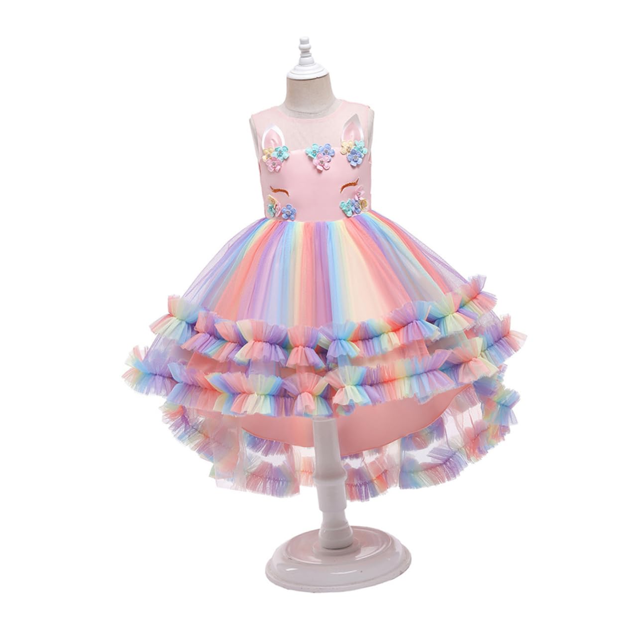 PACKOVE Abito Principessa Unicorno per Bambina, Vestito Rosa in Cotone e Garza, Morbido e Ben Rifinito per Festa e Cerimonia, 130cm