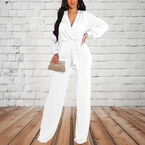 Image of shengfan Formal Jumpsuits for Women Dressy Evening Sexy Deep V Neck Plus Size Long Wide Leg Pants Rompers Clubwear