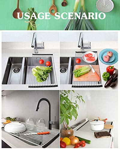 Image of Dish Drying Rack Large Stainless Steel Over the Sink Folding Roll-Up Dish Draining Rack 2 Pcs (green)