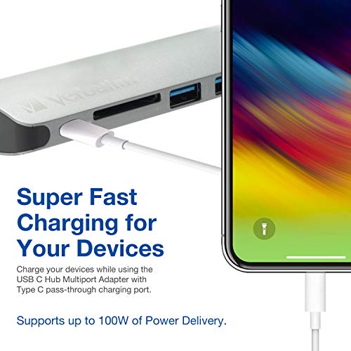 Image of Verbatim 6-in-1 USB C Hub Adapter with Dongle - 100W Power Delivery, USB 3.0 Ports, SD Card Readers, 3.5mm Audio Port for USB C Laptops