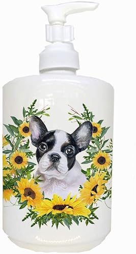 Caroline's Treasures CK2902SOAP - Dispensador de jabón de cerámica de Bulldog francés, color negro y blanco con girasoles, multicolor