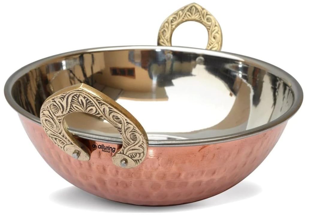 Alluring Homz Hammered Design Copper Steel Kadhai with Brass Handle for Serving Home, Hotel, Restaurant,Catering,Tableware (Diameter 13.5 cm) 400 ML, 1 Piece
