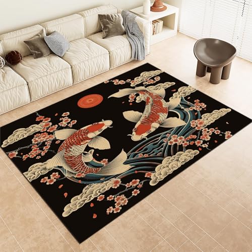 Tapis Lavable en Machine 80x150 cm Koi Japonais Sakura, Moquette Poils Courts Doux, Antidérapant Résistant pour Salon Chambre d'enfant Entrée
