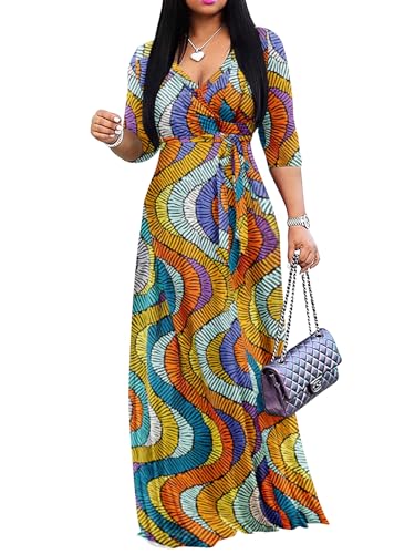 Image of Yajedo Womens Casual Summer Maxi Dress Plus Size Sexy Wrap V Neck 3 /4 Sleeve Sundress with Pockets