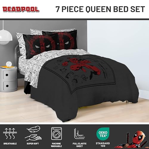 Image of Marvel Deadpool Queen Comforter Set 7 Piece Bedding for Boys, Gray | Bed in a Bag, Comforter Sheets Shams Pillowcases, Official Product, Soft Microfiber, Machine Washable, Boys Gift