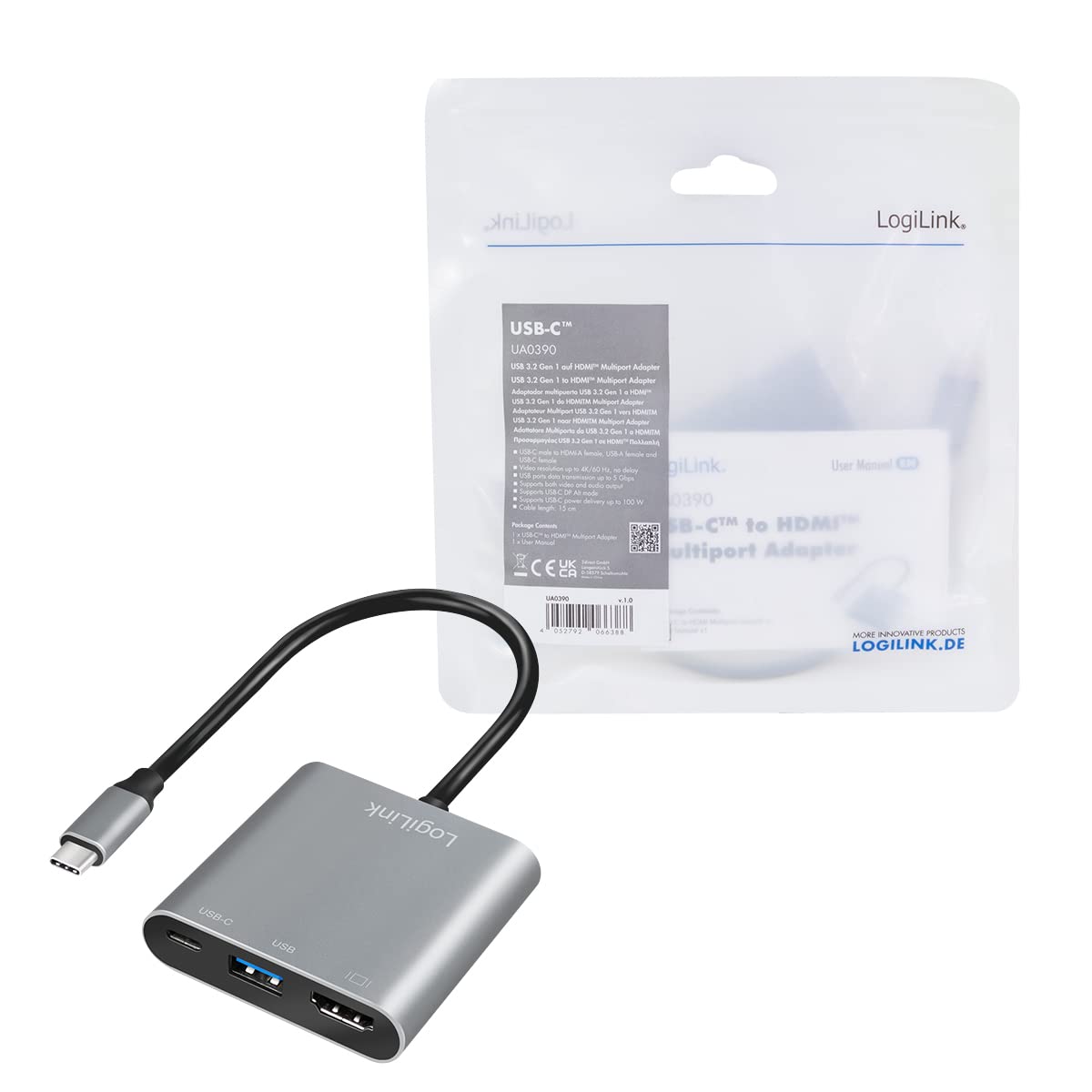 Logilink Adaptateur USB 3.2 Gen1 Type-C vers HDMI et USB 4K PD (Power Delivery) 0,15 m