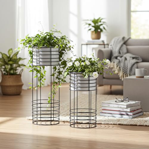 Image of Metal Floor Planter with Stands (Set of 2), Modern Tall Planter for Home Decor, Decorative Plantpot for Living Room Balcony Office, Big Plant Stand with Pots (Plants not Included) (White Pot & Black Stand)