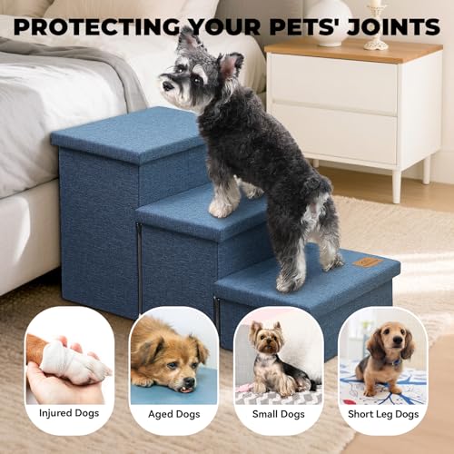 Image of Dog Stairs with Storage 18 inch H, 3-Step Wider Dog Steps for Small /Medium /Large Dogs Cats, Folding Sturdy Pet Stairs Climbing Bed or Sofa, Ramp for Car Hold Up to 200 lbs (Navy Blue, No Condo)