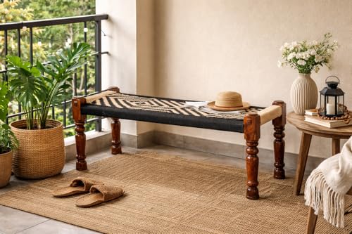Image of Handwoven Wooden Bench | Traditional Rope Charpai Stool | Solid Wood Frame Seating for Living Room, Balcony & Outdoor | Durable & Stylish Design (Black with Jute)