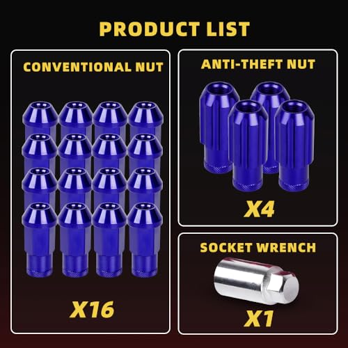 Image of M12x1.25 Lug Nut 20 PCS, Wheel Lock Bulge Acorn Open End Lug Nut Set Compatible with Toyota, Honda, Ford, Mitsubishi, Mazda, KIA, Hyundai, 1 Socket Included, Blue