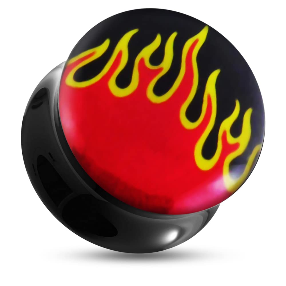 Tunnel-Plug-Taper Flame Logo Black UV Double Flared Ear Plugs - Sold by Piece