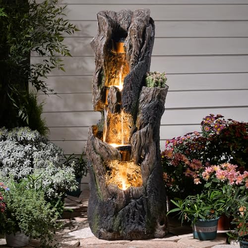 43.7''H Water Fountain Outdoor, 4 Tiered Large Tree Trunk Outdoor Freestanding Cascading Waterfall with LED Lights, Floor-Standing Water Feature for Garden, Yard, Patio, Porch, Home Art Decor