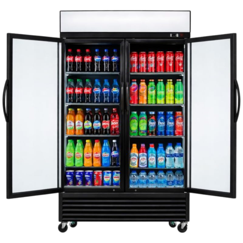 Armario para bebidas genérico 2 puertas acristaladas - 880L - Temperatura 2-8°C - Iluminación LED - Doble acristalamiento - Ruedas - Cierre automático - Canopy Luminoso Publicitario - Negro - 230V