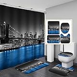 Jayden Madge 4PCS New York Shower Curtain Set, American City Landscape Famous Building Blue East River Brooklyn Bridge Night View Manhattan Skyline Modern Bathroom Decor, Non-Slip Bath Mat Toilet Rug