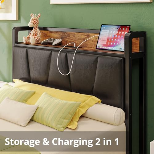 LIKIMIO Twin XL Bed Frames, Storage Headboard with Charging Station, Solid and Stable, Noise Free, No Box Spring Needed, Easy Assembly (Vintage and Black)