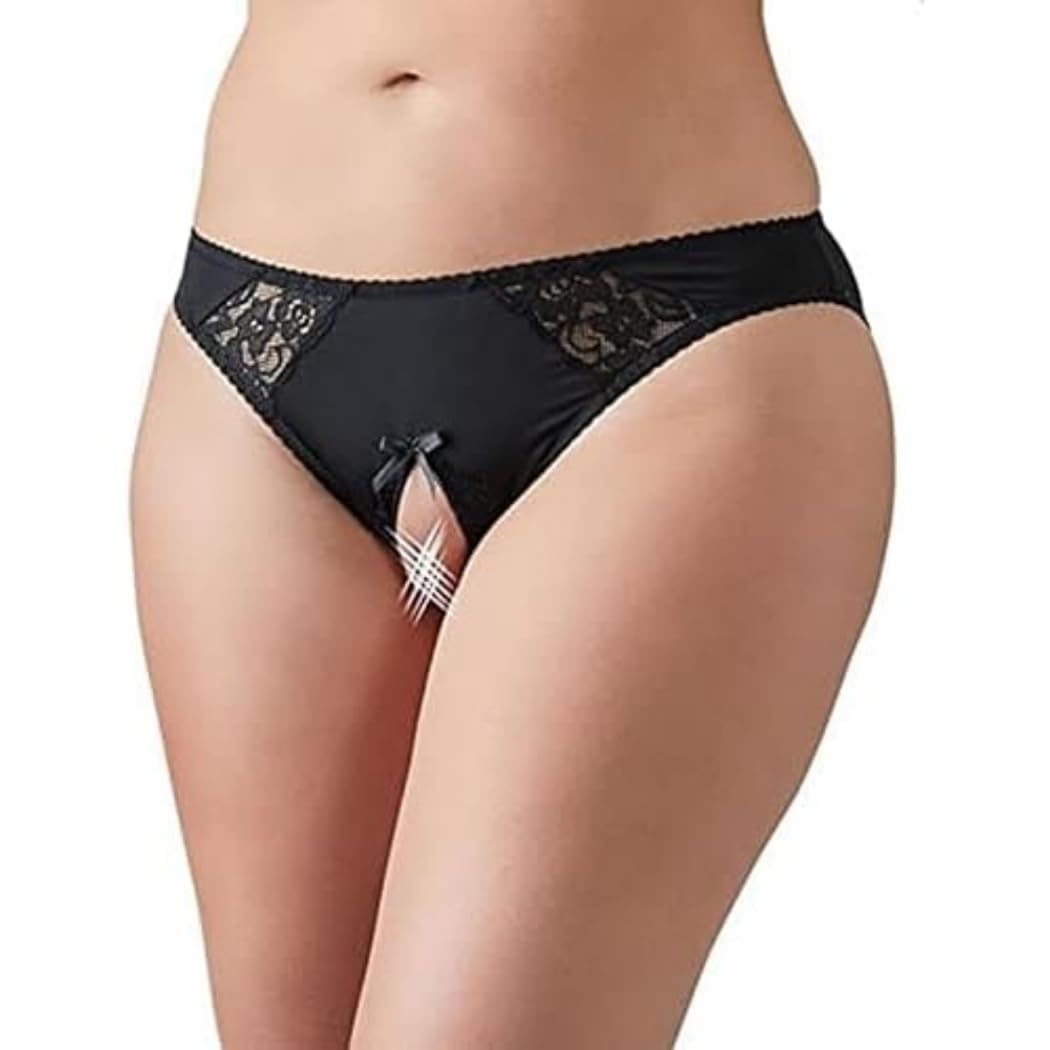 Cottelli Crotchless Panty with Lace Plus Size Black - Black - 2XL